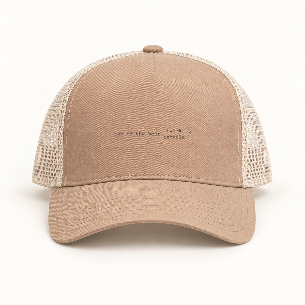 top of the hour trucker cap in tan cream