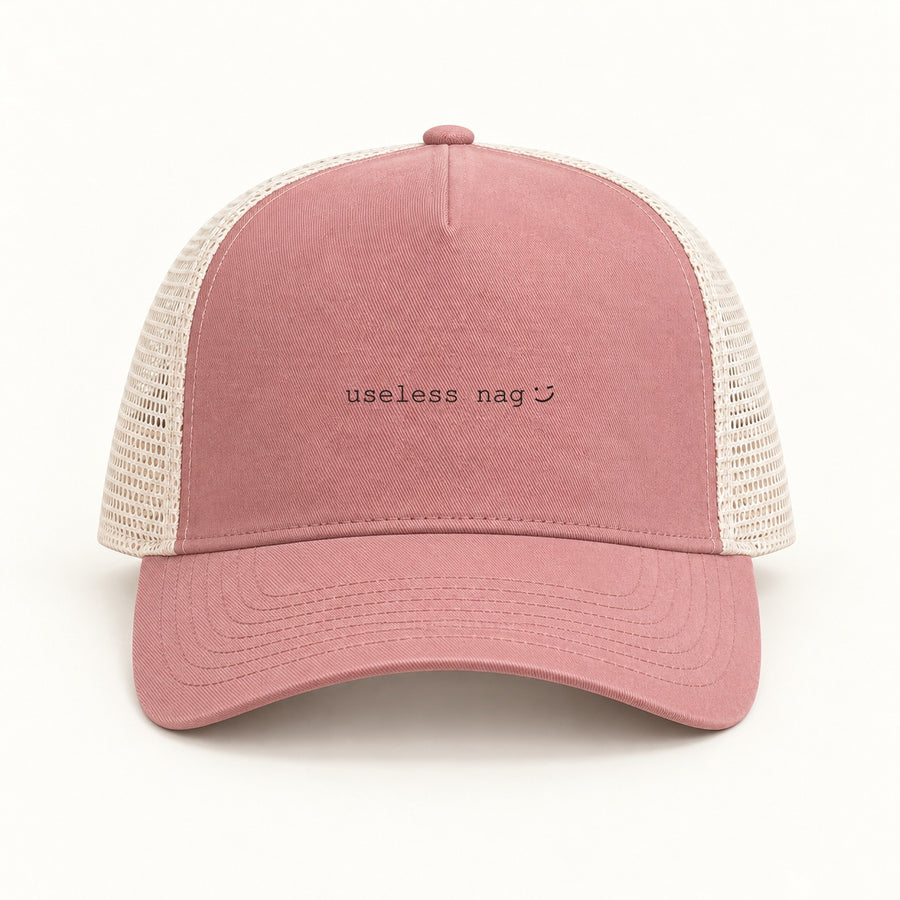 useless nag trucker cap in dusty rose cream